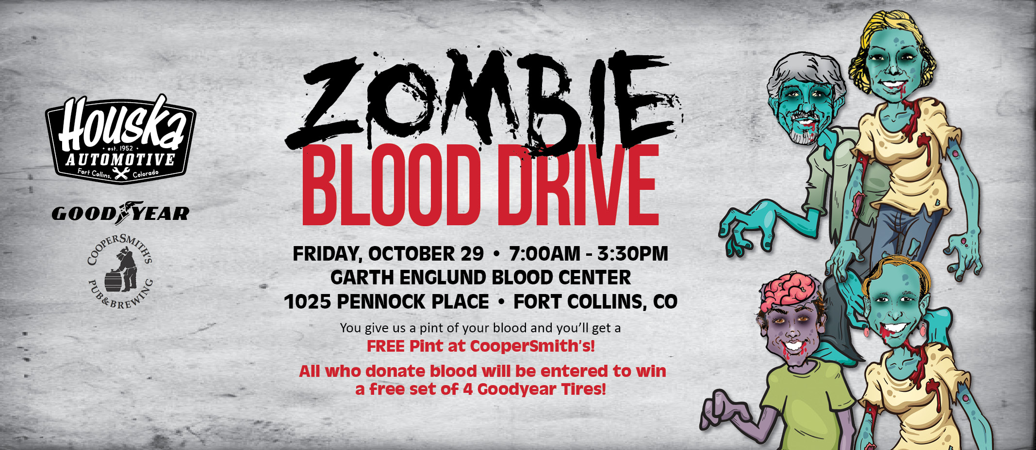 Zombie Blood drive banner with cartoon zombies and logos