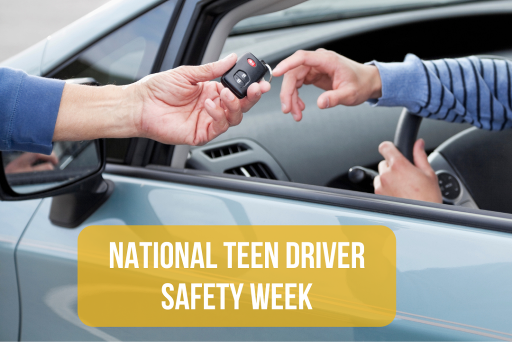 Hands passing off car keys to one another, text says National Teen Driver Safety Week