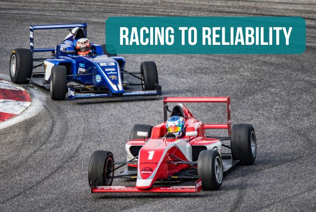 Two race cars driving on a track. Words on photo saying Racing to Reliability: What the Indy 500 teaches us about car longevity