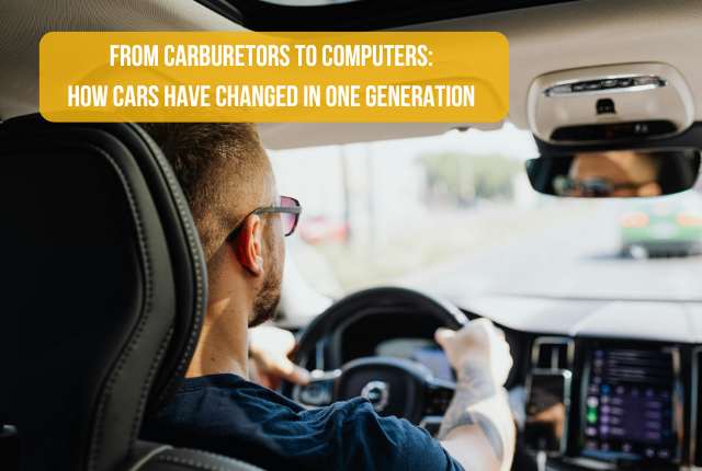 the back view of an individual driving a car featuring the title: From Carburetors to Computers: How Cars Have Changed in One Generation
